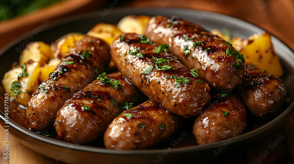 Delicious Sausages and New Potatoes Glazed in a Rich Brown Sauce. This Food Photograph Captures the Comforting Essence of Hearty Home-Cooked Meals, Perfect for Culinary Inspiration and Recipe Sharing. Delicious Sausages and New Potatoes Glazed in a Rich Brown Sauce. This Food Photograph Captures the Comforting Essence of Hearty Home-Cooked Meals, Perfect for Culinary Inspiration and Recipe Sharing.