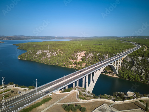 Bird's eye view of the highway  and the bridge over the river in Krka National Park, Croatia