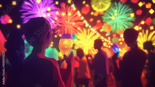 A Whimsical Low Poly Festival Scene with Friends Against a Background of Abstract Fireworks