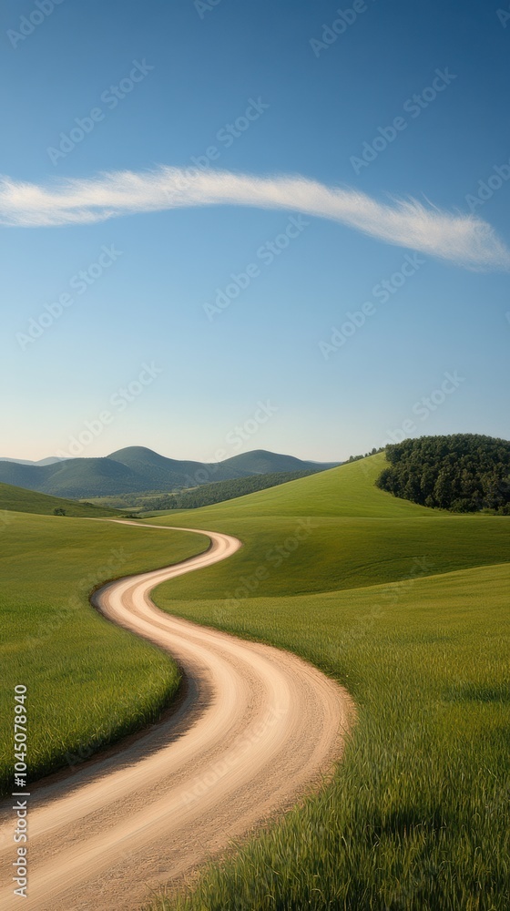 Winding dirt path through green hills under a clear blue sky in a serene countryside landscape during the day Winding dirt path through green hills under a clear blue sky in a serene countryside landscape during the day