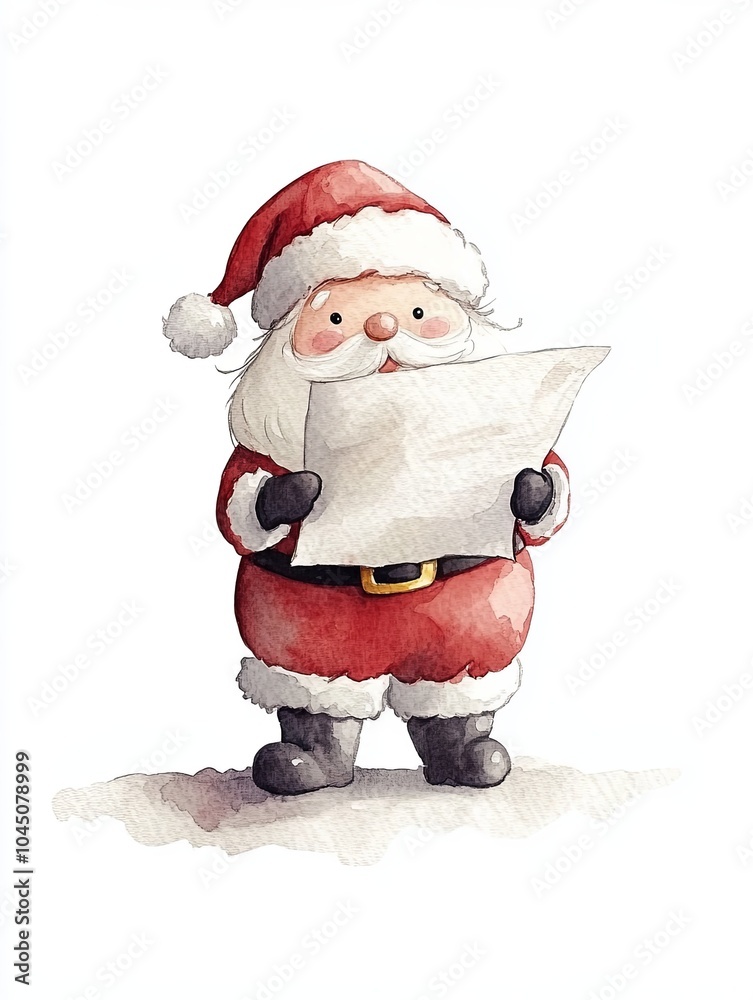 Obraz premium Cheerful Santa Claus reading a list in watercolor style