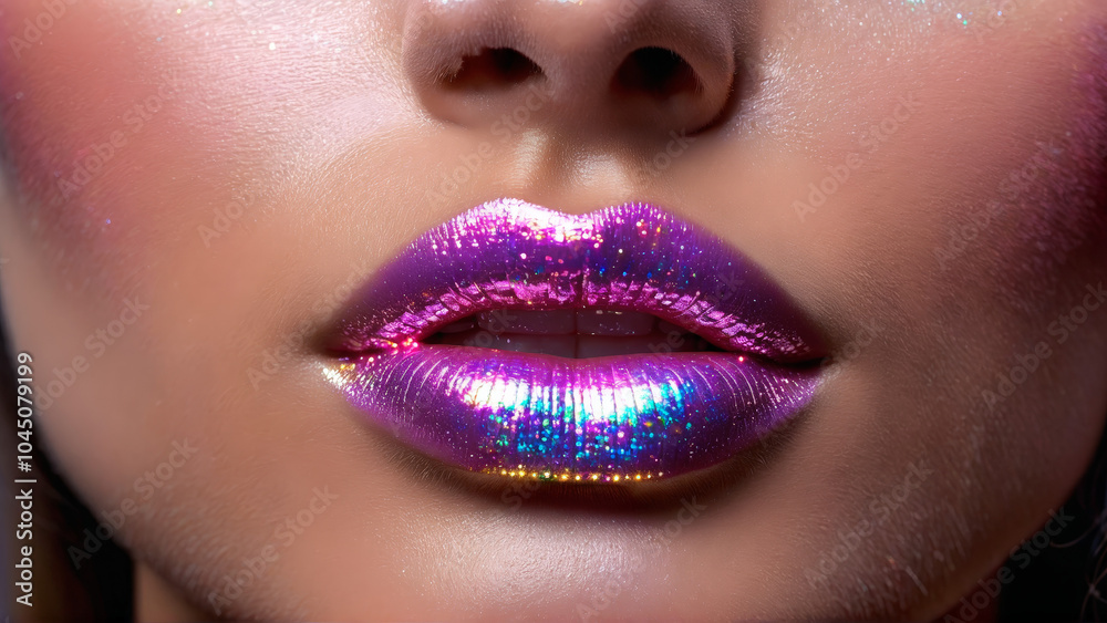 Naklejka premium Alluring woman applying sheer lip gloss glistening shine luscious drips iridescent sparkles Closeup portrait photography