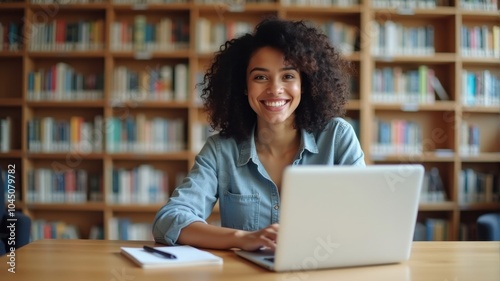 Student enjoying her work in the library — A smiling young woman sitting at a desk with her laptop in a library, conveying joy in studying or working.