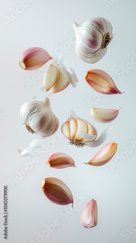 Floating garlic cloves and bulbs captured against a light background in a creative arrangement showcasing their natural beauty and textures