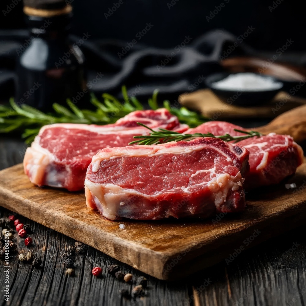 Three thick slices of gourmet pork placed stylishly on a wooden board, complemented by sprigs of rosemary and a sprinkle of salt and peppercorns. Three thick slices of gourmet pork placed stylishly on a wooden board, complemented by sprigs of rosemary and a sprinkle of salt and peppercorns.