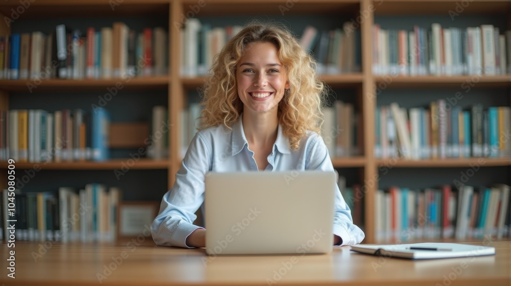 Focused woman researching in a peaceful library — A young woman smiling while working on her laptop in a library filled with books, exuding peace and concentration.