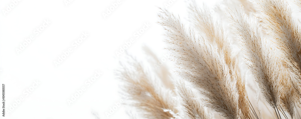 A clean, minimalist image of fluffy pampas grass against a white background. The soft, neutral tones give the composition a serene and calming effecT A clean, minimalist image of fluffy pampas grass against a white background. The soft, neutral tones give the composition a serene and calming effecT