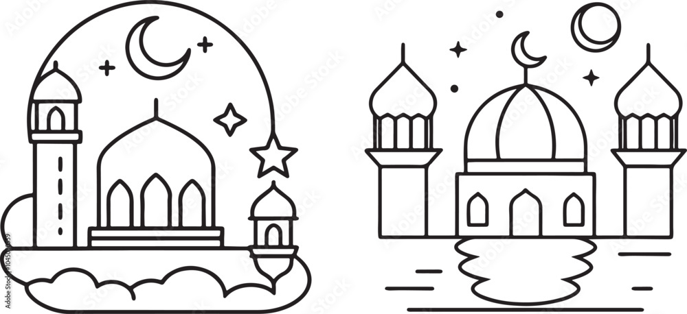 a black and white drawing of a mosque and a mosque. a black and white drawing of a mosque and a mosque.