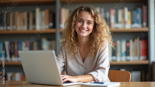 Confident woman working in a peaceful library — A young woman smiling while working on her laptop in a library, showing confidence and focus.