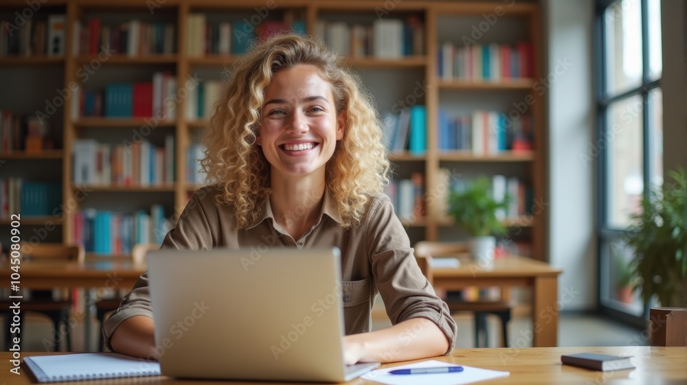 Bright student researching in a quiet library — A smiling young woman with curly hair researching on her laptop, surrounded by books in a calm library. Bright student researching in a quiet library — A smiling young woman with curly hair researching on her laptop, surrounded by books in a calm library.