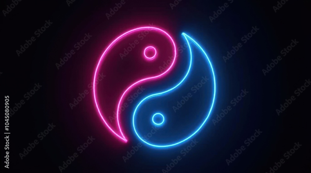 A Yin and Yang symbol in neon pink and electric blue, where the two sides contrast sharply against a dark background. A Yin and Yang symbol in neon pink and electric blue, where the two sides contrast sharply against a dark background.