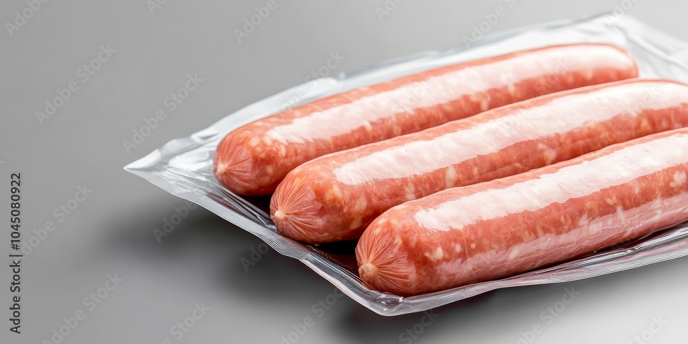 Three sausages neatly packed in airtight clear plastic packaging, showcasing the vivid marbling and consistency of the sausage texture for culinary use. Three sausages neatly packed in airtight clear plastic packaging, showcasing the vivid marbling and consistency of the sausage texture for culinary use.