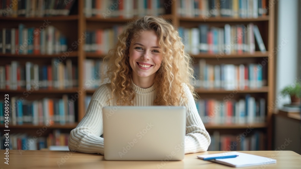 Woman studying happily in a peaceful library — A young woman smiling as she works on her laptop in a library, enjoying a calm and focused study environment. Woman studying happily in a peaceful library — A young woman smiling as she works on her laptop in a library, enjoying a calm and focused study environment.