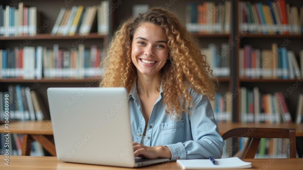 Student enjoying remote work in a quiet library — A young woman smiling while using her laptop in a quiet library, illustrating the joy of remote work or study. Student enjoying remote work in a quiet library — A young woman smiling while using her laptop in a quiet library, illustrating the joy of remote work or study.