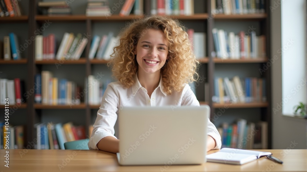 Student enjoying productive work in a peaceful library — A cheerful young woman sitting at a desk in a quiet library, working on her laptop and enjoying her study session. Student enjoying productive work in a peaceful library — A cheerful young woman sitting at a desk in a quiet library, working on her laptop and enjoying her study session.