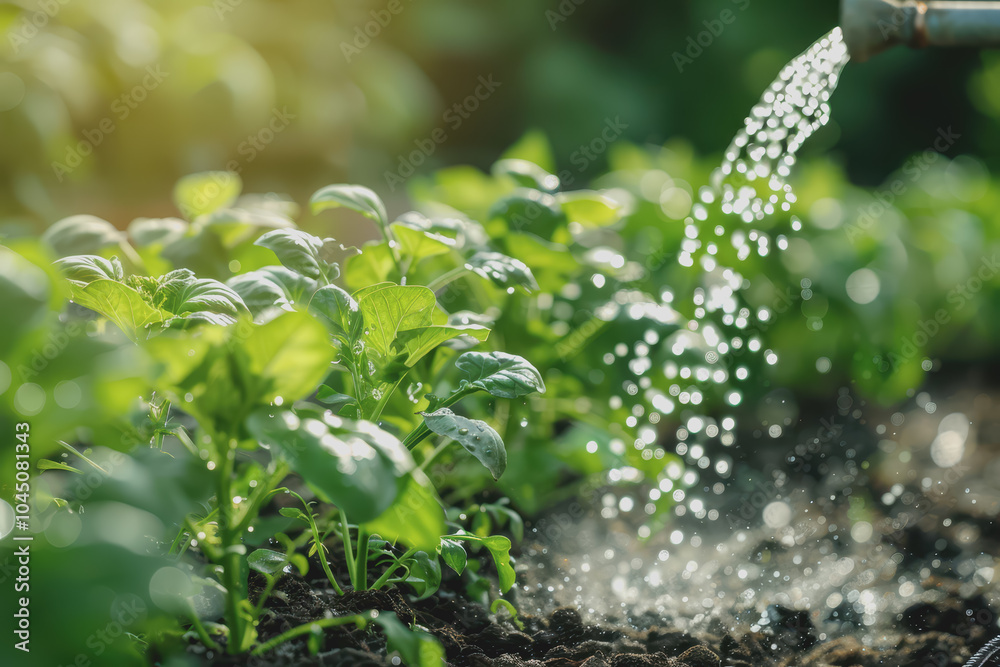 Watering green vegetables with a watering can in the backyard vegetable garden in the evening. Watering green vegetables with a watering can in the backyard vegetable garden in the evening.