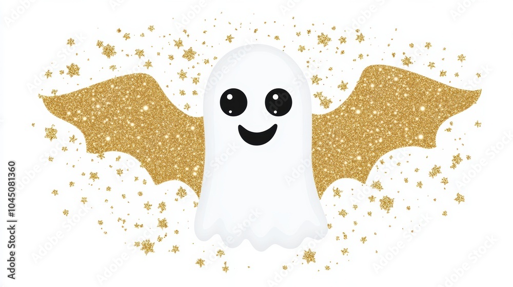 Obraz premium Cheerful ghost with golden glittery wings surrounded by sparkling stars, AI