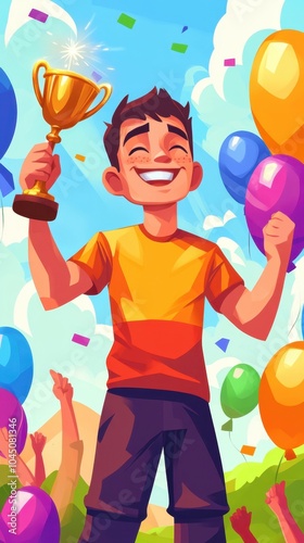 An elated champion holds a shining trophy among colorful balloons, standing proud while crowd cheers and celebrates the unforgettable contest moment