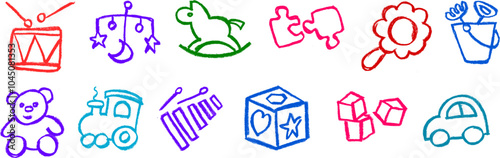 Small Kids Toy Icon Crayon Chalk Drawing Vector Set