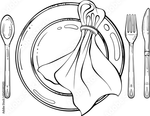 Empty plate with spoon, knife, fork and napkin. Plate with cutlery. Table setting. Vector illustration in hand drawn sketch doodle style. Line art isolated on white for coloring book, print