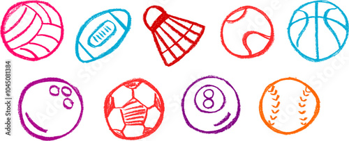 Sports Ball Icons Crayon Chalk Drawing Vector Set