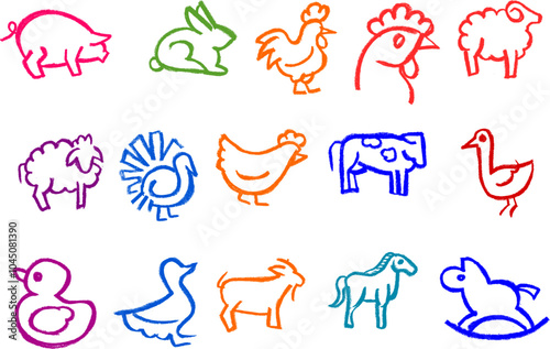 Farm Animals Icon Crayon Chalk Drawing Vector Set