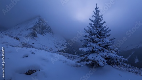 Quiet Winter Landscape at Twilight: Frozen Pine Tree in a White, Snowy Mountain Landscape Set Against Darkening Skies