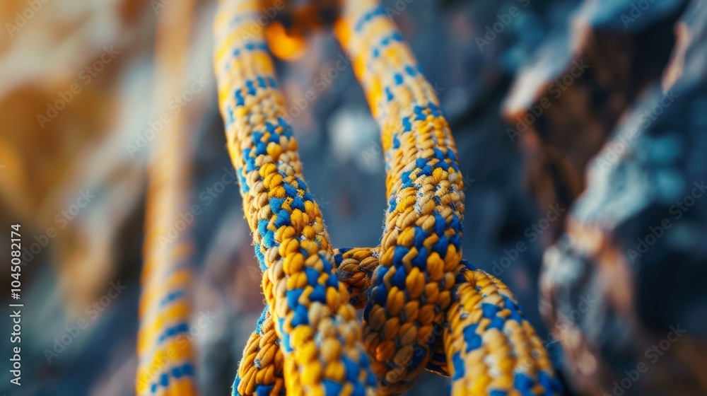 A closeup of a climbers rope as they ascend showcasing the intricate and secure techniques used for climbing. A closeup of a climbers rope as they ascend showcasing the intricate and secure techniques used for climbing.