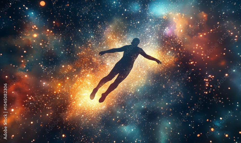 Naklejka premium Silhouette of a person floating in a starry sky.