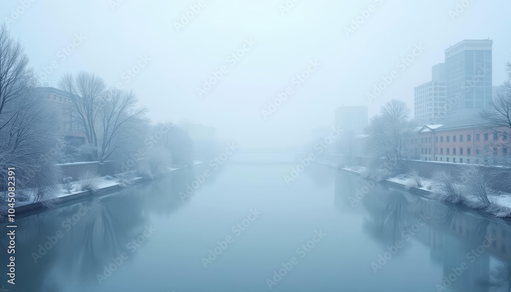 Fototapeta premium Whispers of Winter A serene cityscape under a blanket of fog
