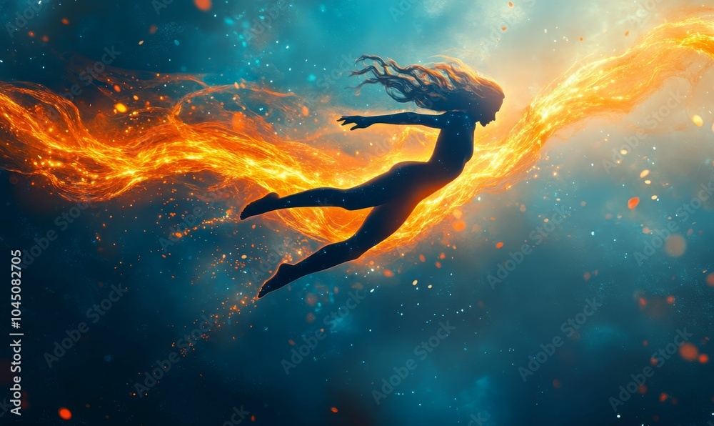 custom made wallpaper toronto digitalSilhouette woman flying through fire and sparks.