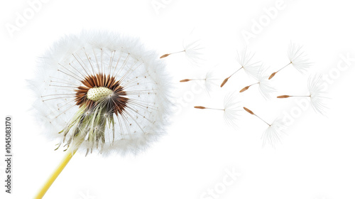 Delicate dandelion seeds drifting away in a soft breeze on a bright sunny day