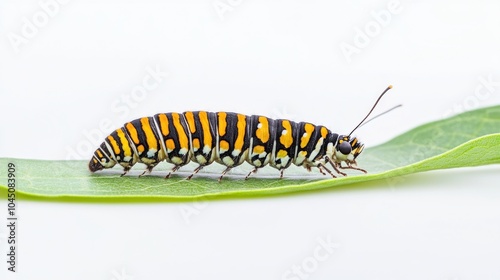 Monarch Caterpillar on milkweed leaf isolated on white