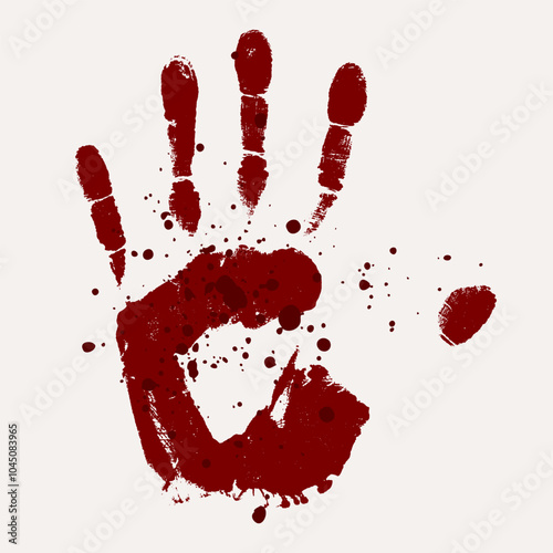 Red smear with splashes on white background, blood streaks, handprint. Realistic bloody trail, texture spray, scary element for Halloween.