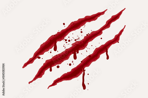 Splashes and stains, drops of blood, smudges on a white background. Traces of claws, torn edges of a wound, predator. Element for Halloween.