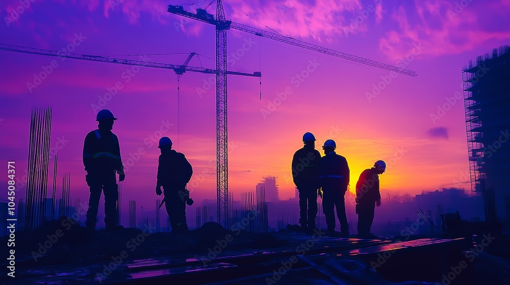 Fototapeta premium Silhouetted construction workers at sunset, creating a striking urban landscape.