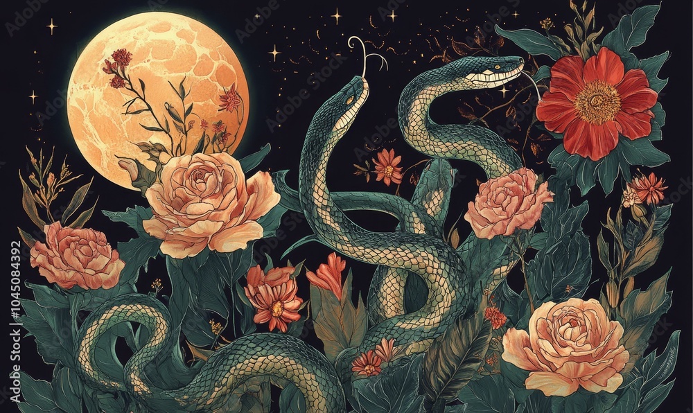 A green snake entwined with flowers and moon. A green snake entwined with flowers and moon.
