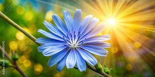 A solitary blue flower blooms in the warm embrace of the sun, its petals catching the golden rays and casting a gentle glow upon the surrounding green.