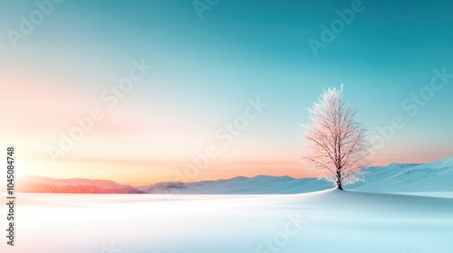 A lone tree covered in frost stands against a serene snowy landscape with pastel skies during sunrise, conveying peace and solitude in a winter wonderland. photo