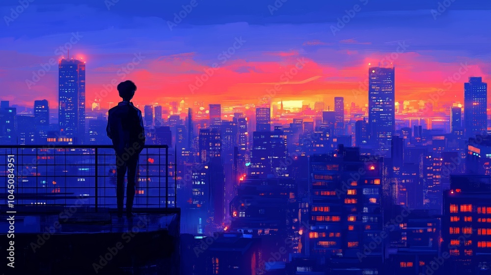 A silhouetted figure stands on a rooftop overlooking a vibrant cityscape at sunset, with dramatic purple and orange sky illuminating modern skyscrapers and buildings A silhouetted figure stands on a rooftop overlooking a vibrant cityscape at sunset, with dramatic purple and orange sky illuminating modern skyscrapers and buildings