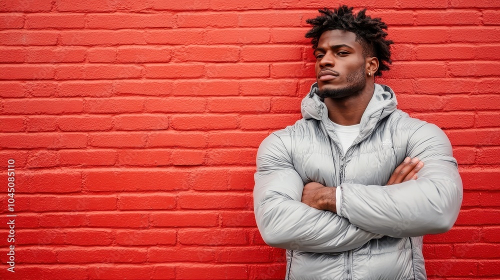 A relaxed man in a light grey jacket leans casually against a striking red brick wall, showcasing a blend of comfort and style in an urban environment. A relaxed man in a light grey jacket leans casually against a striking red brick wall, showcasing a blend of comfort and style in an urban environment.