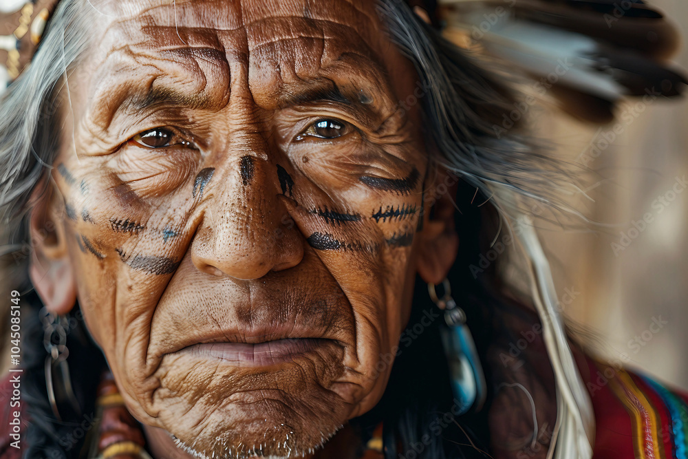Generative AI image of a Native American person in traditional attire, highlighting the rich cultural heritage and spiritual connection to nature