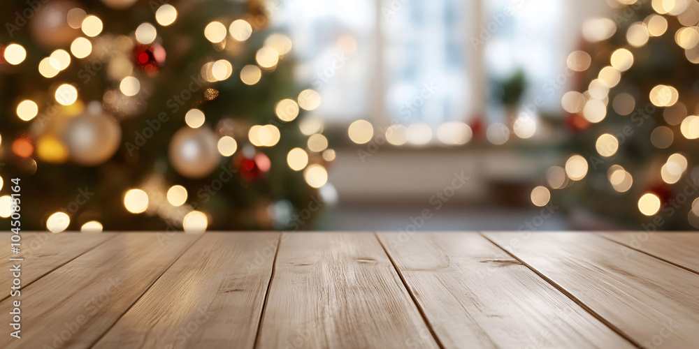 Empty table in front of christmas tree with decorations background. For product display montage
Empty table in front of christmas tree with decorations background. For product display montage