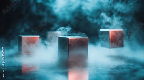 The image showcases metallic cubes levitating amidst a swirling mist, bathed in an otherworldly light, evoking a sense of mystery and futuristic intrigue.