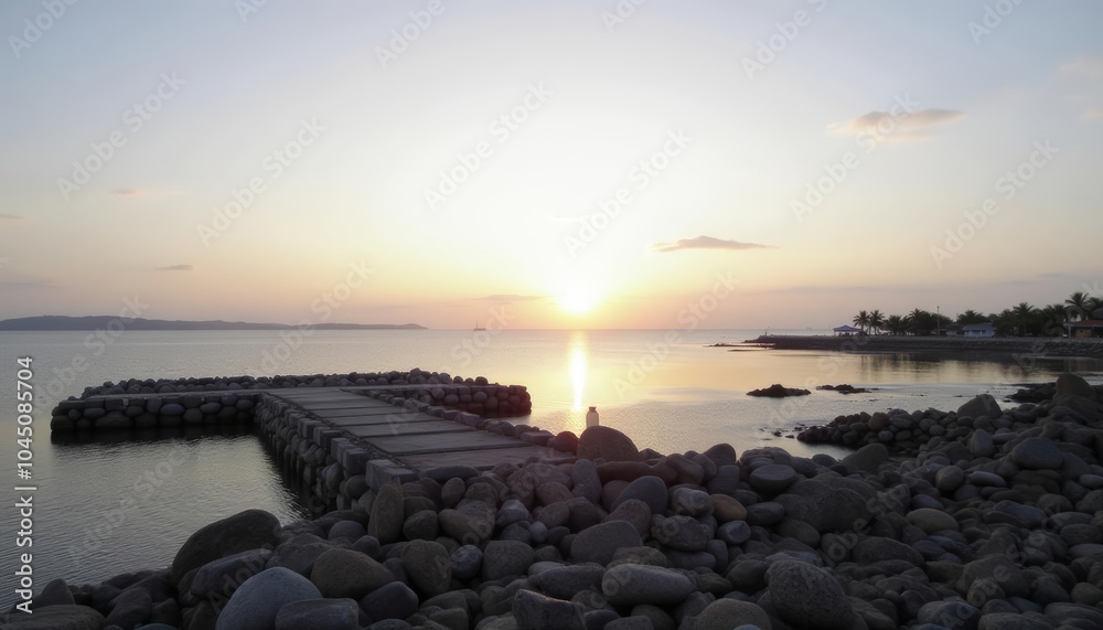 Obraz premium Sunset over tranquil waters with rocky shore