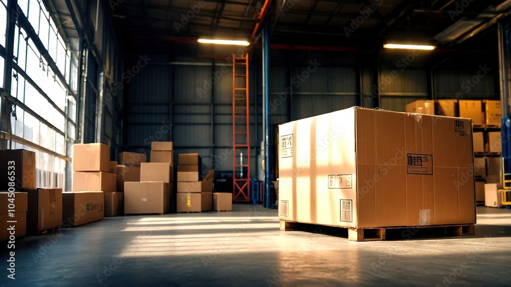 Cardboard Shipping Box in Warehouse, Storage, Logistics, Distribution, Inventory