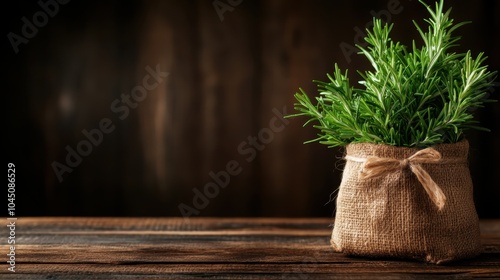 A potted rosemary plant is wrapped in burlap, placed on a wooden table. The earthy aesthetic evokes warmth, simplicity, and a rustic charm ideal for home settings.