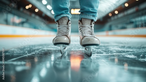 A close-up shot of a skater on ice, highlighting the sleek and dynamic movement in an ice rink with bright lights adding an energetic atmosphere to the scene. photo