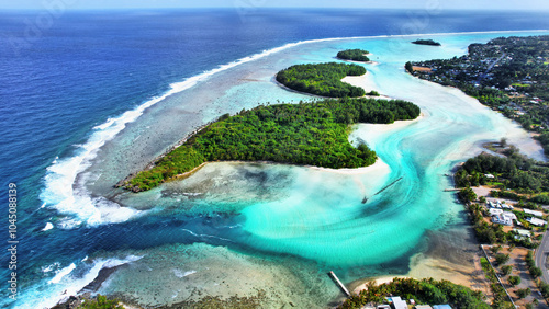 Cook islands Rarotonga aerial view of Muri Lagoon with motus. South Pacific Islands
 photo