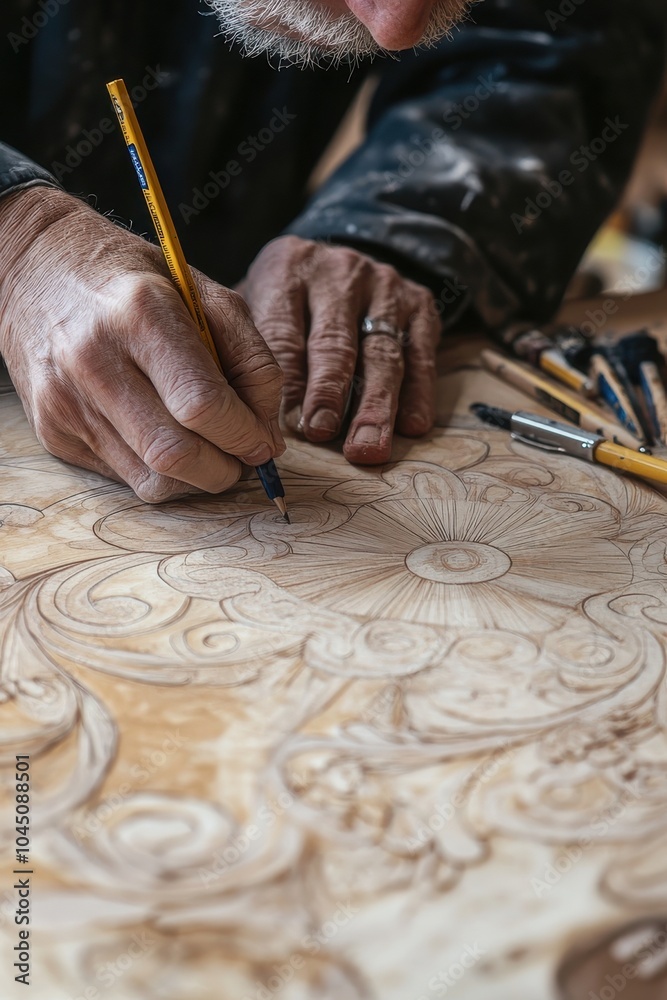 A craftsman focused on intricately sketching a design on a wooden surface in a workshop. A craftsman focused on intricately sketching a design on a wooden surface in a workshop.